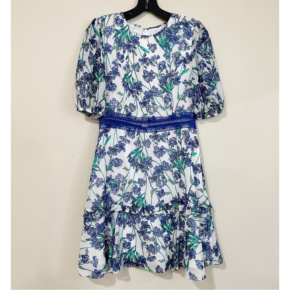 Donna Morgan Size 4 White Blue Floral Metallic Dress